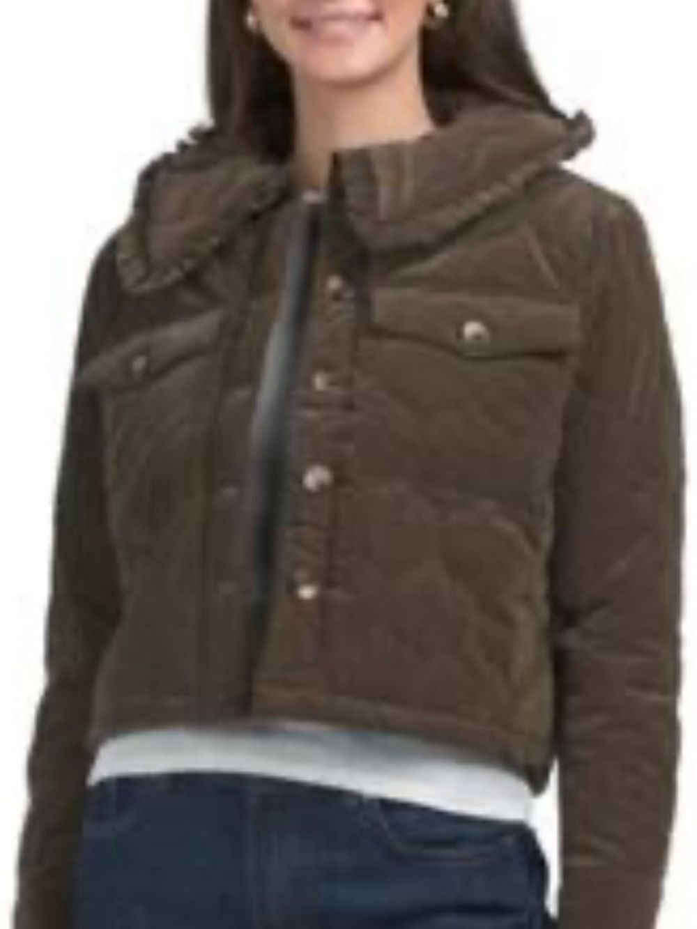 Anthropologie DRA Brown Quilted Ruffle Collar Button-Up Jacket size small